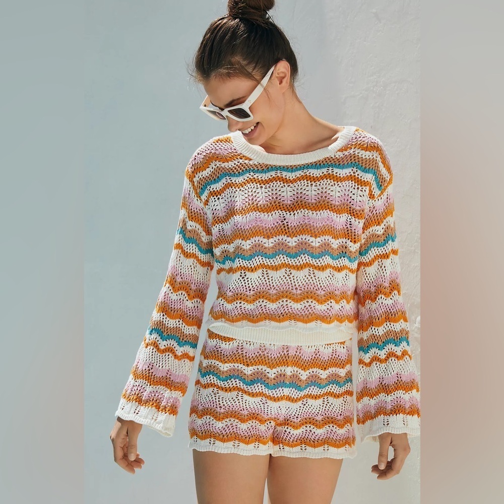 L*SPACE Sun Ray Crochet Crop Sweater in Daybreak Stripe - Size XL